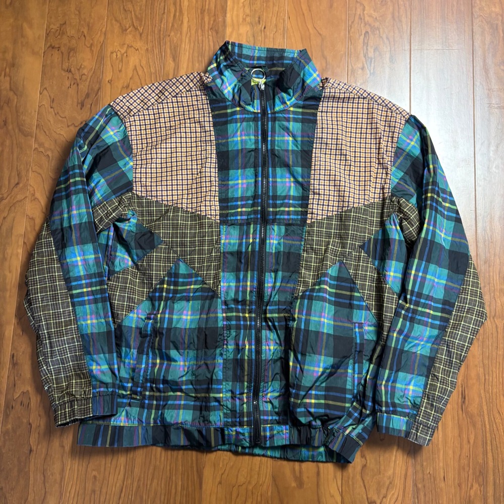 Urban Outfitters Mixed Plaid Patchwork Windbreaker Jacket Green Blue Mens Large